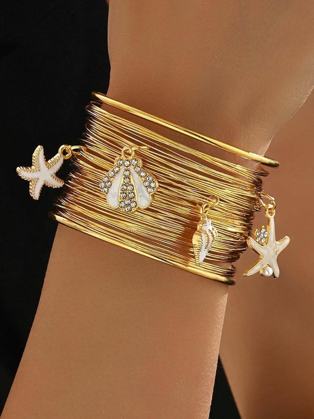 New color  Gold Multi-Wire Beach Charm Cuff Bracelet with Pearl Accents